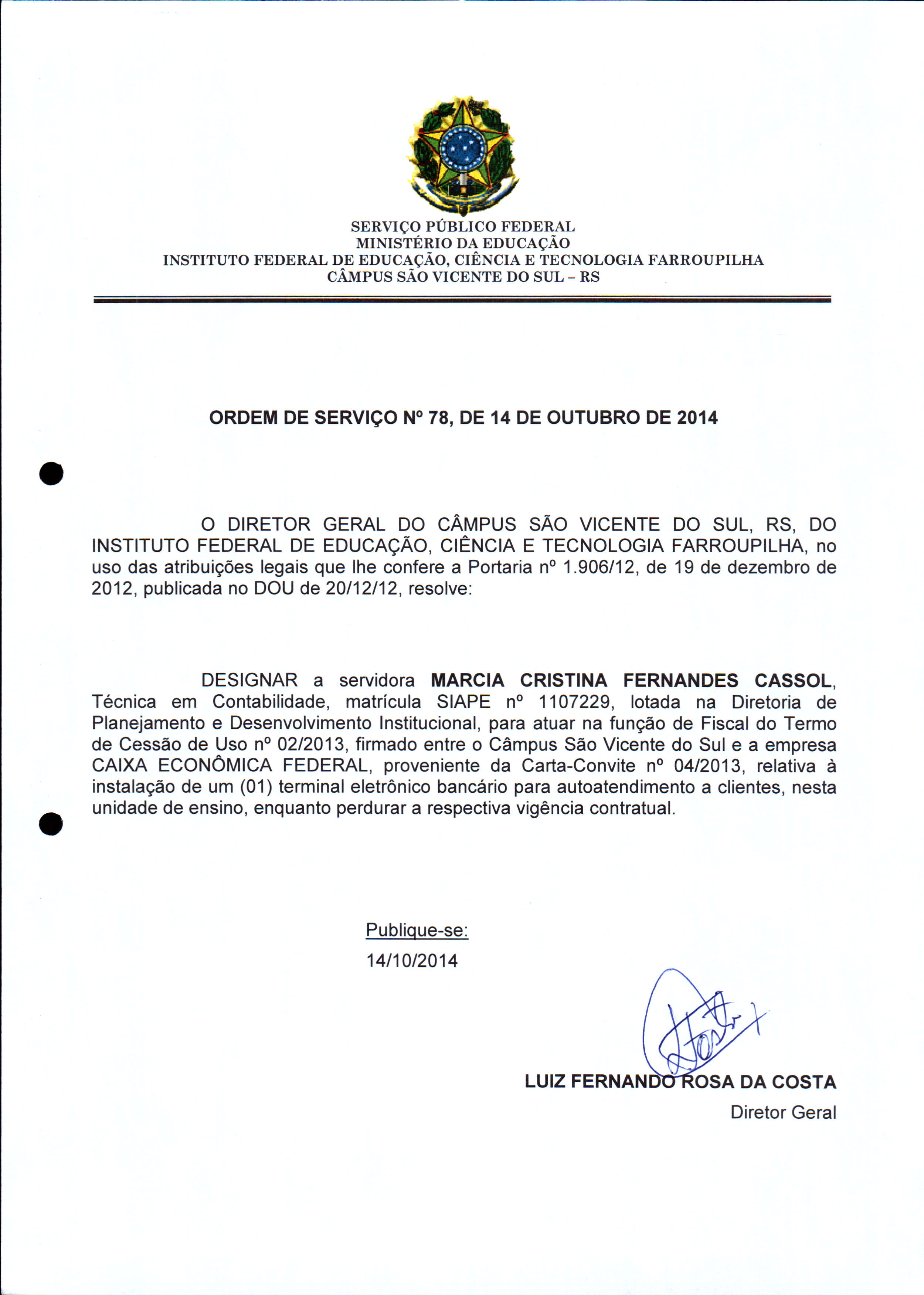 Ordem De Serviço Iffarsvs Nº 0782014 Iffsvs Arquivo 7282