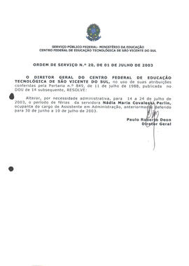 Ordem de serviço CEFETSVS nº 20/2003