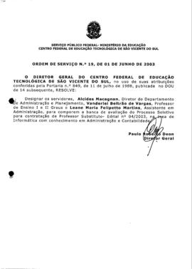 Ordem de serviço CEFETSVS nº 19/2003