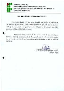 Portaria IFFAR\SVS nº 045/2011